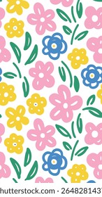 A playful, hand-drawn floral pattern featuring simple, stylized flowers in pink, yellow, and blue, interspersed with green leaves on a white background. Perfect for spring and summer designs.