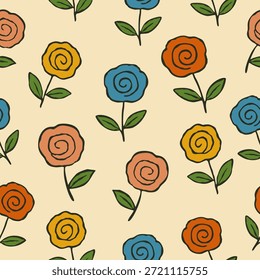 Patrón floral dibujado a mano juguetón que presenta flores en espiral coloridas con hojas verdes sobre un fondo beige suave, creando un diseño inconsútil alegre para la tela y la decoración.