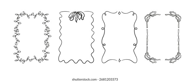Quadros à mão atraídos divertidos com caprichadas fitas onduladas onduladas encaracoladas em estilos da moda e vintage. Quadros de borda vetorial perfeito para convites e cartões na moda.