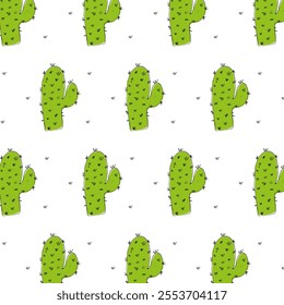 Playful hand-drawn green cactus with needles pattern on a white background. This fun, kid-friendly vector design is perfect for children's room decor, playful prints, and cheerful illustrations