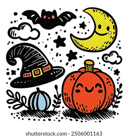 A playful hand-drawn Halloween doodle set featuring a pumpkin, witch hat, bat, and moon, all with Halftone effect, perfect for festive designs. Each on a separate layer, can be removed or replaced.
