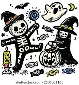 A playful hand-drawn Halloween doodle set featuring skeletons, a ghost, and candy, all with Offset effect, perfect for spooky festivities. Each on a separate layer, can be removed or replaced.
