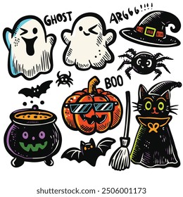 A playful hand-drawn Halloween doodle set featuring winking ghosts, a pumpkin , a black cat, and a cauldron, perfect for fun holiday themes. Each on a separate layer, can be removed or replaced.
