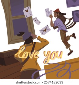 Playful hand-drawn heart doodles with arrows, envelopes, and "love you" elements