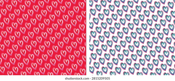 Playful hand-drawn heart pattern in red and white with teal accents, perfect for Valentine and romantic designs, wrapping paper, textiles, stationery and backgrounds conveying love and affection.