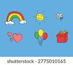 Playful hand-drawn icons of a rainbow, smiling sun, daisy, hearts, colorful balloons and wrapped gift on a bright blue background, evoking celebration, happiness, love and springtime joy.