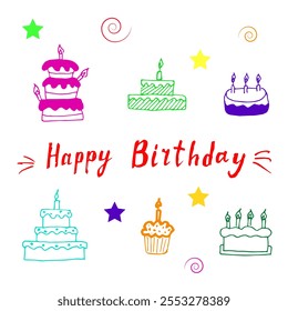 Playful hand-drawn illustration featuring colorful birthday cakes, cupcakes, stars, and "Happy Birthday" text, ideal for festive designs.