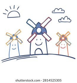 A playful hand-drawn illustration featuring three cheerful windmills with happy faces standing on a grassy hill under a bright sun and fluffy clouds.