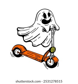 A playful hand-drawn illustration of a happy ghost riding a scooter, perfect for Halloween and fun-themed designs