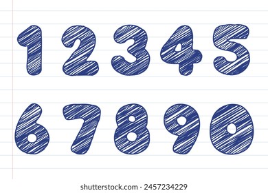 Playful hand-drawn marker scribble sketches of numbers for kids, from zero to nine. Vector illustration.