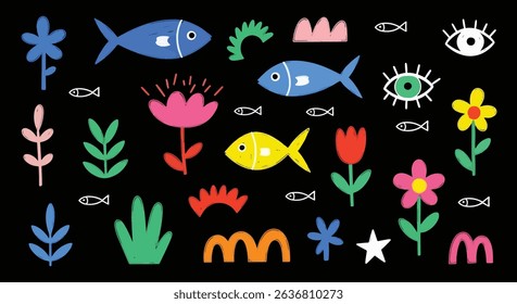 Playful hand-drawn ocean and floral doodle set on black. Cute fish, vibrant flowers, and whimsical eyes. Perfect for children's and artistic designs