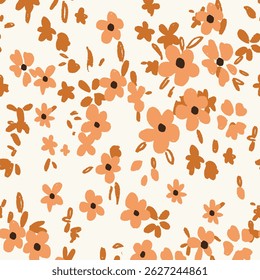 Playful Hand-Drawn Orange Floral Design for Textile Print for Fabric, Seamless Pattern Wallpaper