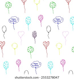 Playful hand-drawn pattern of colorful balloons with various designs and "Happy Birthday" text, perfect for festive celebrations.