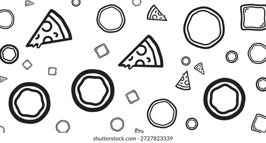 Ein verspieltes, handgezeichnetes Muster mit Pizzaschnitten, Ringen und Quadraten auf weißem Hintergrund. Das Design ist einfach und skurril.