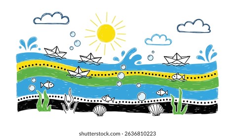 Playful hand-drawn river and underwater scene doodle: colorful waves, paper boats, cute fish, shells, seaweed, sun, and clouds. Perfect for kids' designs