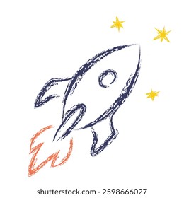Playful hand-drawn rocket ship launching with orange flames and yellow stars on a white background. Ideal for children's designs, educational content, or creative projects with a whimsical touch