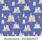 Playful hand-drawn sandcastle seamless pattern with beach buckets, shovels, and birds. Perfect for children’s apparel, summer stationery, nursery wallpapers, wrapping paper, beach party decor, and edu