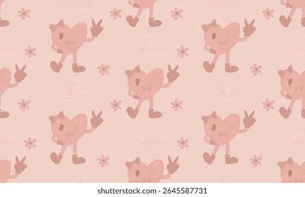 Playful Hand-Drawn Seamless Pattern with Cute Heart Character and Flowers in Peachy Pink Tones