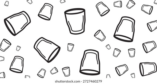 Ein verspieltes, handgezeichnetes, nahtloses Muster mit verschiedenen Größen und Ausrichtungen von einfachen Trinkgläsern oder Tassen im Doodle-Stil, die auf einem sauberen, weißen Hintergrund verstreut sind.
