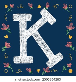 Playful hand-drawn uppercase chalk letter K with decorative elements on a blue background, ideal for educational and creative design projects.