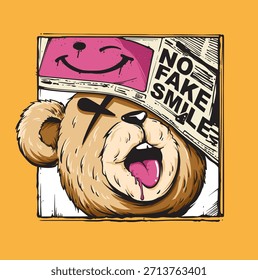 Um vetor lúdico desenhado à mão de um ursinho de pelúcia sonolento escondido sob um ousado jornal "NO FAKE SMILE"