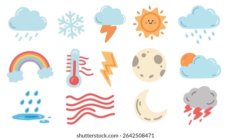Playful hand-drawn weather icon set in doodle style. Ideal for educational materials, forecast graphics, and seasonal decoration.