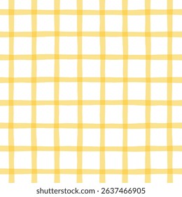 Playful, hand-drawn windowpane check seamless pattern background with yellow lines for fabric, stationary, tablecloth, clothes, textile. Vector illustration.