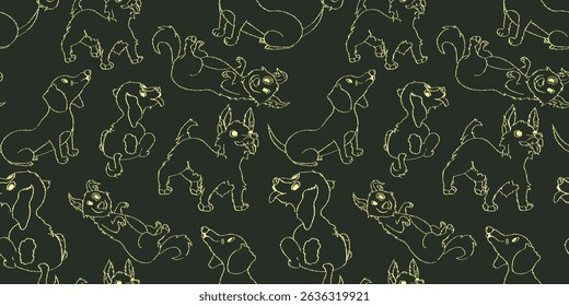 Playful, hand-drawn yellow line art dogs with scribbled textures on a rich dark green background. Seamless vector pattern, perfect for kids' textiles and decor.