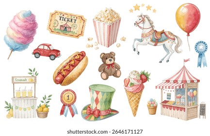 A playful hand-painted watercolor clipart bundle filled with carnival and fairground magic. This set includes a carousel horse, cotton candy, ice cream. 