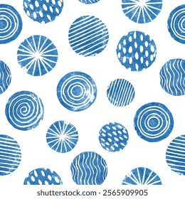 Playful, hand-stamped pattern with irregular circular motifs. Traced in Illustrator Block Print.