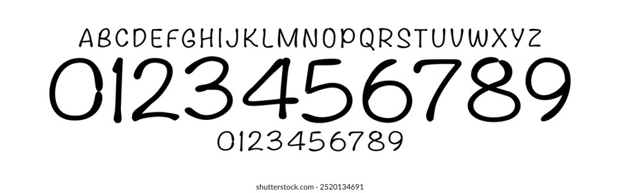 Playful handwritten sans serif font, quirky casual numbers and letters for child books, friendly sports branding, jersey numbers, team merchandise. Vector typeset.