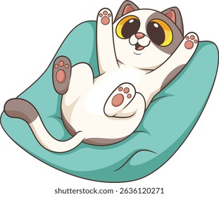 Playful happy cat lying with its back on a pillow vector illustration