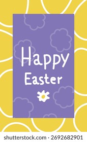 Playful Happy Easter poster in yellow and violet with cloud shapes and modern geometric egg outlines