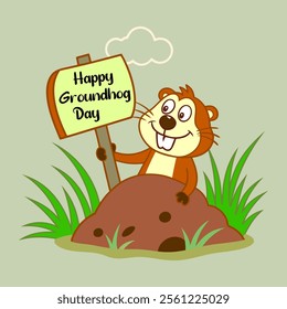 A playful "Happy Groundhog Day" vector illustration featuring cartoon-styled elements, including a cute groundhog and festive accents, with a transparent background for versatile use in designs.