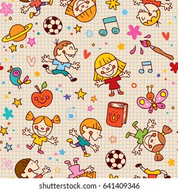 playful happy kids fun seamless pattern with notebook paper background