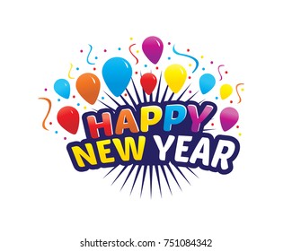 playful happy new year with colorful balloons and confetti and rays, happy new year illustration, illustration design, isolated on white background.