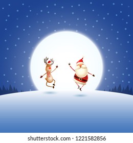 Playful and happy Santa Claus and Reindeer jumping in front of moon