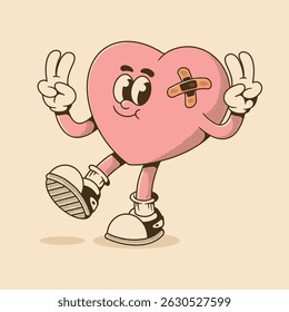 Playful heart cartoon with sneakers and peace fingers, perfect for t shirt design