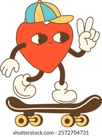 playful heart character skateboarding with cap, showing peace sign