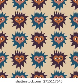Playful Heart With Face Character Pattern Vector Illustration. The playful design features alternating colors, ideal for textiles, backgrounds, and creative projects.