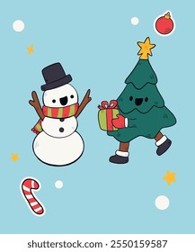 A playful and heartwarming illustration featuring a cheerful snowman wearing a top hat and a scarf, alongside a lively Christmas tree holding a gift. 