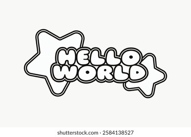 Playful 'Hello World' text with stars. 'Hello World' in bold letters. Stars accent the 'Hello World' design. Simple 'Hello World' graphic with stars. Doodle illustration vector.