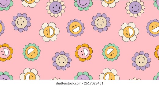 Playful hippie flower seamless pattern with smiling faces in vibrant retro colors. Psychedelic seamless background inspired by the 1970s style. Ideal for fabric, wallpaper, or nostalgic design use