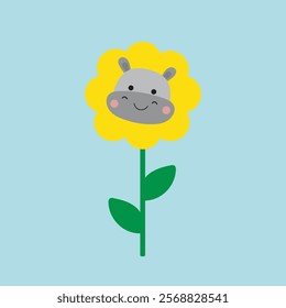 Playful Hippos with Sunflowers Illustration