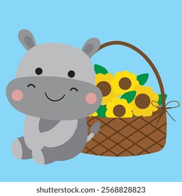 Playful Hippos with Sunflowers Illustration