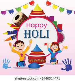 A playful Holi banner featuring joyful people throwing colorful powder in the air, ideal for sharing on social media platforms to spread the festive spirit.