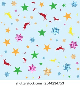 Playful holiday pattern featuring colorful gift-laden sleighs and reindeer silhouettes against a light background, perfect for festive wrapping, holiday cards, and winter-themed projects.