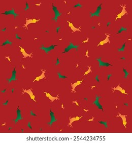 Playful holiday pattern featuring colorful gift-laden sleighs and reindeer silhouettes against a light background, perfect for festive wrapping, holiday cards, and winter-themed projects.