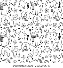 Playful holiday patterns with cheerful cats, festive cookies, and winter motifs in black and white. Charming illustrations feature joyful cats, gingerbread men, and whimsical holiday symbols.