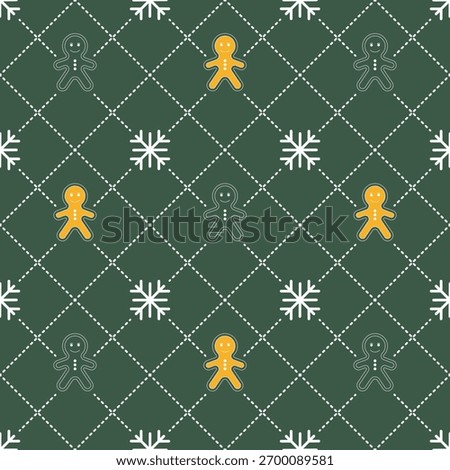 Playful holiday seamless pattern with gingerbread men and snowflakes on a green background, perfect for festive packaging, textiles and seasonal designs